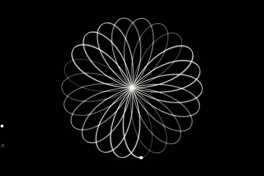 The research page's oscilloscope: a bright beam tracing a curve on black.